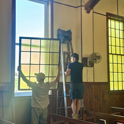 Hanging sashes inside the church
