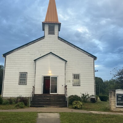 The former Zion Lutheran Church at daybreak on August 26, 2023