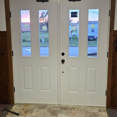 View of new front doors from the inside of the church