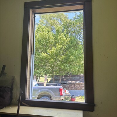 View from former Sunday School room of small window at the back of the church w/o storm window on.